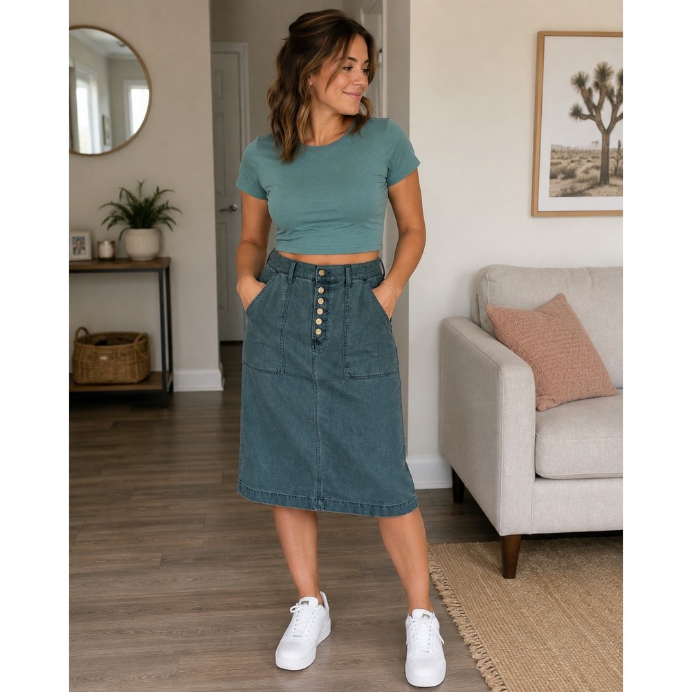 Sundance Utility Skirt Sz P32 Midi Button Fly Utility Soft Tencel Linen Green